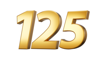 3d number 125 one hundred twenty five one Gold text 3d illustration png