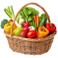 Wicker basket with a variety of vegetables isolated on transparent background png