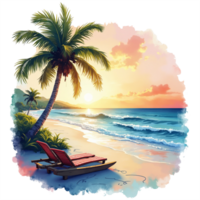 A beach scene with two chairs and a palm tree png