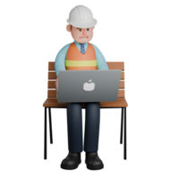 3D Cartoon Architect Character. An Architect sits on a chair with a laptop on his lap. Building Design Model png