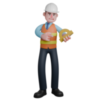 Architect Character 3D. An Architect stands holding a protractor in his left hand while his right hand points at the ruler. Illustrated Building Designer png