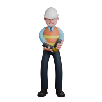 mannetje architect in ontwerp actie. een architect staat Holding een rechthoekig heerser met beide handen. 3d project tafereel png