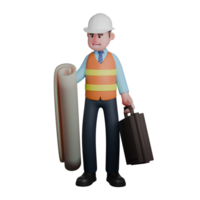 Illustrated Cartoon of a Male Architect. An architect stands holding a large roll of paper in his right hand while his left hand holds a briefcase. 3D Construction Style png