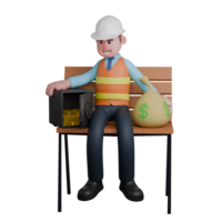 3D Professional Architect Character. An Architect sits between a safe and a money bag with both hands holding both objects. Male Designer png