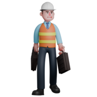 3d ilustrado do masculino arquiteto. a arquiteto anda em segurando uma pasta dentro ambos mãos. estrutural engenheiro png