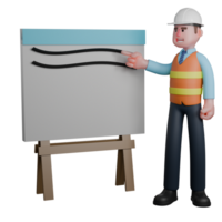 construção Projeto especialista dentro 3d. a arquiteto carrinhos ao lado uma técnico desenhando mesa com dele certo mão apontando às a técnico desenhando mesa. desenho animado arquiteto png
