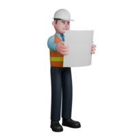 Male Architect in Project Setting. An Architect stands holding a sketch paper with both hands. 3D Character png