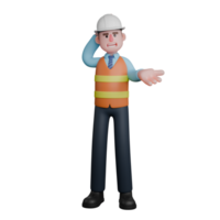 3D Design Character. An Architect stands with his right hand behind his head while his left hand is extended forward with the palm facing up. Male Architect Illustrated png
