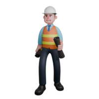 3D Male Architect at Work. An Architect stands holding a roll of sketch drawings in both hands. Building Design Cartoon png