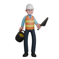 Architecture 3D Illustrated. An architect is standing holding a cement trowel in his left hand while his right hand is holding a bucket of cement. Professional Male Architect png