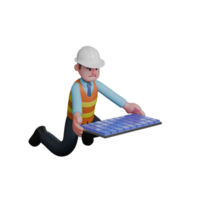 Professional Male in Architecture. An Architect kneels holding a replica of a building with both hands. 3D Architect Cartoon png