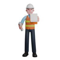 Male Architect Design Professional. An Architect stands with his right hand holding a roll of sketch drawings while his left hand holds a clipboard. 3D Cartoon png