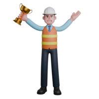 Male Architect Cartoon Character. An Architect stands with his right hand holding a trophy while his left hand is raised up with the palm facing up. 3D Design Illustrated. png