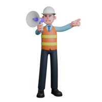 3D Male Architect in Studio. An Architect stands holding a loudspeaker in his right hand while his left hand points forward. Design Illustrated png