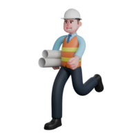 Male Design 3D Animation. An Architect runs with his right hand holding a roll of sketches. Architect png