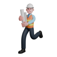 3D Male Architect Character. An Architect runs holding a roll of sketches with both hands. Design Professional png