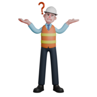 3D Male Architect Character in Action. An architect stands with both hands raised up with palms facing up and above his head there is a question mark. Professional png