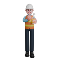 3D Model of Male Architect. An Architect stands with his left hand holding a cup of coffee while his right hand is raised in front of his chest with his index finger in front of his mouth. png
