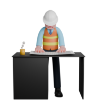 3D Male Architect in Professional Role. An architect stands behind a desk with both hands on the work paper on the table with his head lowered. Design Cartoon png