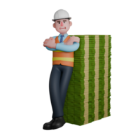 3D Male Architect in Office. An Architect leans on a pile of banknotes with his legs crossed while both hands are folded in front of his chest. Professional Character png