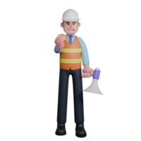Professional 3D Design. An Architect stands with his right hand holding a burger while his left hand holds a loudspeaker. Male png