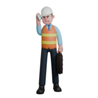 Professional Architect in 3D. An Architect stands with his right hand holding a cellphone while his left hand holding a briefcase. Male png