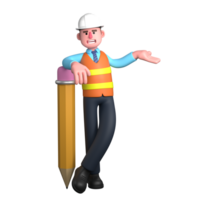An Architect stands next to a large pencil with his legs crossed while his right hand rests on the pencil and his left hand is stretched out to the side with the palm facing upwards. png