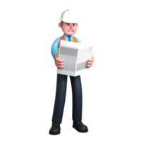 3D Professional Male Architect Character. An Architect stands facing left with both hands holding a newspaper. Design png