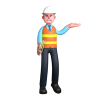 Professional 3D Male Design Architect. An Architect stands with his right hand carrying several sheets of paper while his left hand is raised upwards with the palm facing upwards. Cartoon png