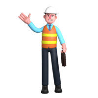 3D Male Architect Design Illustrated. An Architect stands with his left hand holding a briefcase while his right hand is raised upwards, as if greeting. Professional png