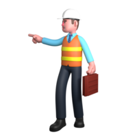 3D Illustrated of Professional Male Architect. An architect walks with his left hand carrying a work bag while his right hand points to the side. Design png