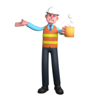 Professional Male Architect in 3D Animation. An Architect stands holding a coffee cup in his left hand while his right hand is extended to the side with the palm facing up. Design png