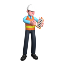 Architect in 3D. An Architect stands with his right hand holding a pencil while his left hand holds a clipboard with a checklist paper. Male Professional png