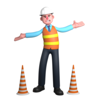 Male Professional Architect 3D Character. An Architect stands between traffic cones with both hands extended to the side. Design png