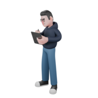 masculino programador dentro tecnologia Ação. uma masculino programador é em pé segurando uma tábua dentro dele esquerda mão e uma caneta tábua dentro dele certo mão. 3d codificação cena png