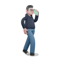 desenho animado ilustrado do uma masculino programador. uma masculino programador é caminhando segurando uma celular dentro dele esquerda mão e dele certo mão em dele cintura. 3d tecnologia estilo png