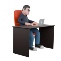Male Programmer Cartoon in 3D. A male programmer is sitting behind a desk with both hands on the table. Coding Session Illustrated png