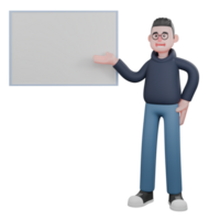 3DProgrammer Character. A male programmer is standing next to a presentation board with his left hand on his waist and his right hand pointing at the board with his palm facing up. png