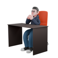 Professional Programmer 3D Cartoon. A male programmer is sitting on an office chair behind a desk, with his hands clasped in front of his face. Male Tech Guru png