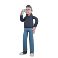 Illustrated 3D Programmer. A male programmer is standing with his right hand holding a cellphone while his left hand is on his waist. Male Coder Cartoon png