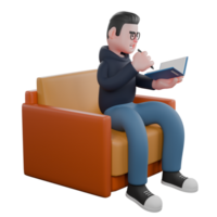 3D Male Programmer Coding. A male programmer is sitting on a sofa holding a book in his left hand and holding a pencil in his right hand. echnology Development Cartoon png