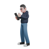 Male Programmer 3D Model. A male programmer is standing holding a tablet in his right hand and a pen tablet in his left hand. Tech Environment png