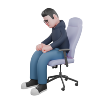 Coding Expert in 3D. A male programmer is sitting on a gaming chair with both hands on his thighs and his head looking down. Cartoon Programmer png