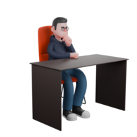 3D Male Software Expert. A male programmer is sitting behind a desk with his left hand holding his chin and his right hand on the desk. Illustrated Coding Character png