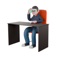 Programmer Character 3D. A male programmer is sitting behind a desk holding a cellphone in his right hand and his left hand on the table. Illustrated Male Developer png