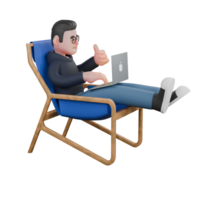 Software Expert 3D Model. A male programmer is sitting on a blue lounge chair with a laptop on his thigh and his left hand sticking out a thumb. Programmer Cartoon png