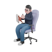 Professional Programmer 3D Art. A male programmer is sitting on a gaming chair holding a notebook in his right hand and holding a pen in his left hand. Male IT Character png