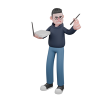 3D Tech Character. A male programmer is standing with his right hand holding a WiFi router and his two left fingers holding a WiFi router antenna. Male Programmer Illustrated png