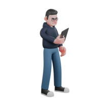 3D Animated Programmer. A male programmer is standing facing left holding a tablet in his right hand. Male Tech Figure png