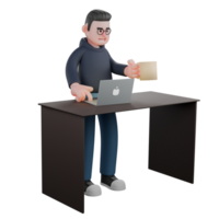 3D Illustrated of Male Programmer. A male programmer is standing behind a desk with his right hand holding a laptop on the table and his left hand carrying a cup of coffee. IT Specialist png